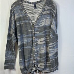 Iwollence Tunic Button Down Waffle Weave Gray Blue Camouflage Longsleeve Size XL